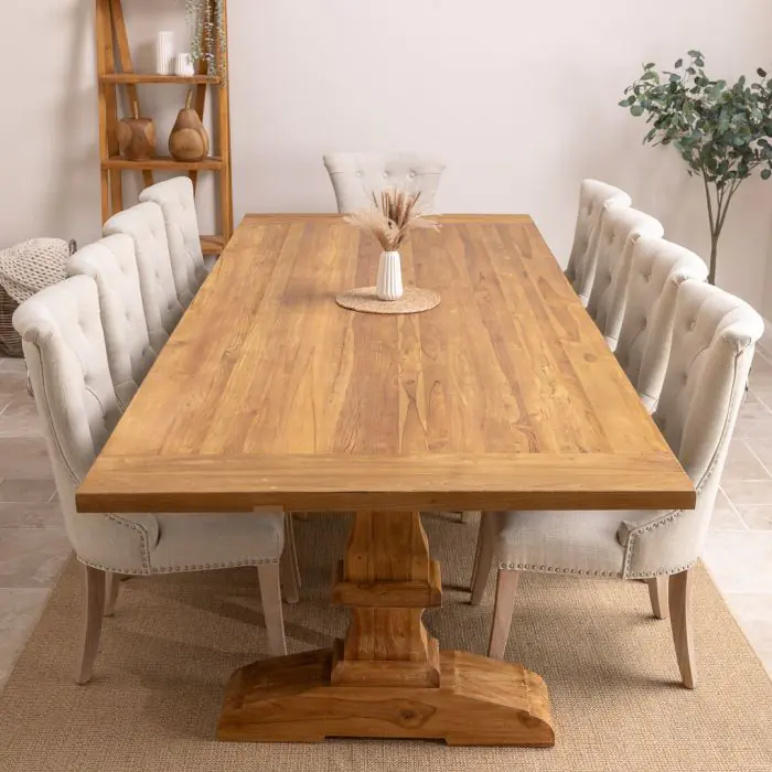 3m Reclaimed Teak Monastery Dining Table with 10 Windsor Ring Back Chairs - 5