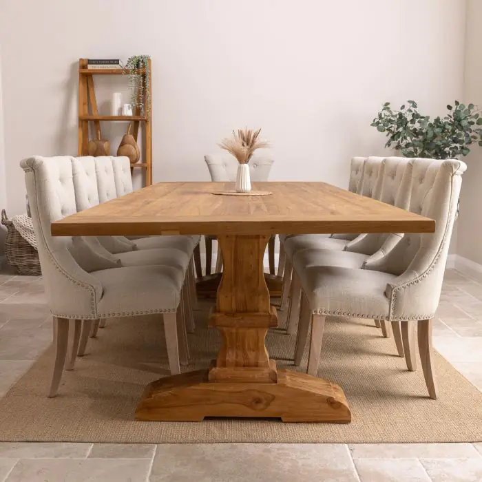 3m Reclaimed Teak Monastery Dining Table with 10 Windsor Ring Back Chairs - 3
