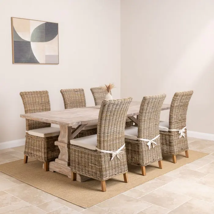 2.4m Reclaimed Teak Monastery Whitewash Dining Table with 8 Latifas - 1