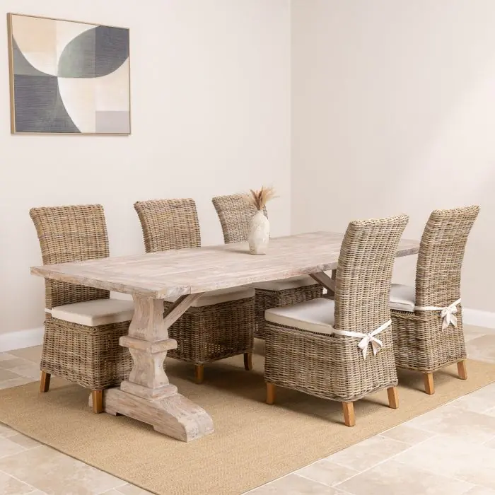 2.4m Reclaimed Teak Monastery Whitewash Dining Table with 8 Latifas - 2
