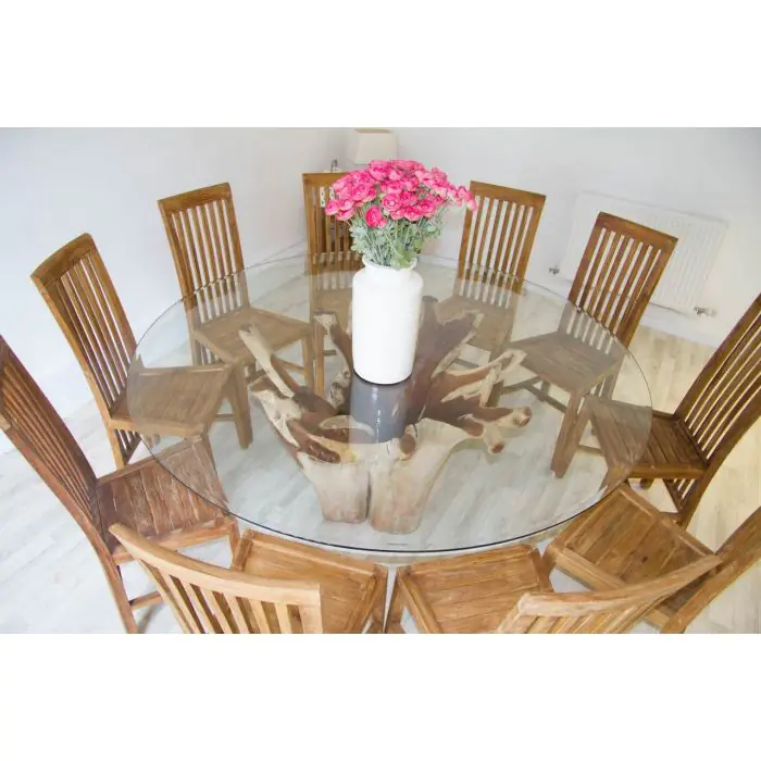 1.8m Reclaimed Teak Root Flute Circular Dining Table with 8 Santos Chairs - 0