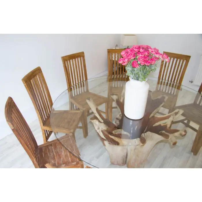 1.8m Reclaimed Teak Root Flute Circular Dining Table with 8 Santos Chairs - 3