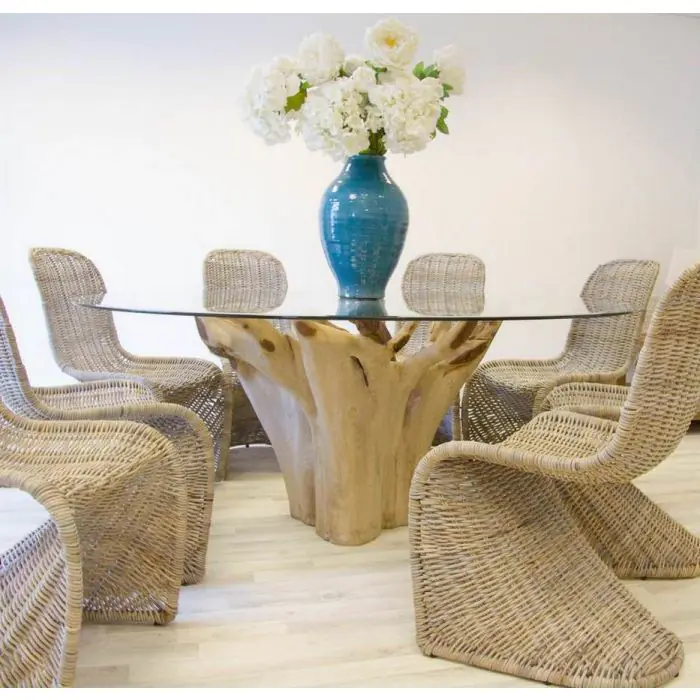 1.8m Reclaimed Teak Root Flute Circular Dining Table with 8 Stackable Zorro Chairs - 1