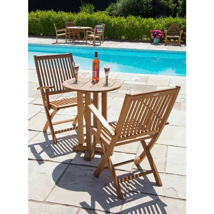 60cm Teak Circular Pedestal Table with 2 Kiffa Folding Chairs - 2
