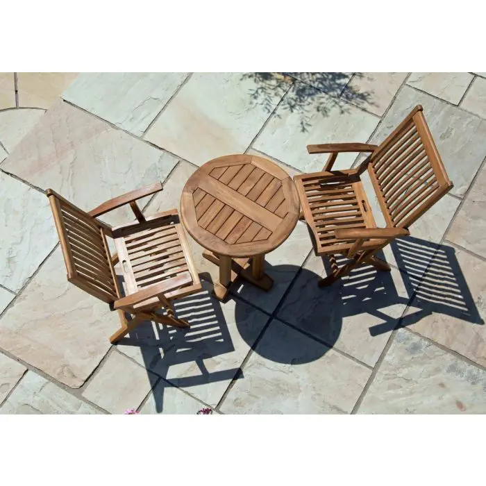 60cm Teak Circular Pedestal Table with 2 Kiffa Folding Chairs - 3