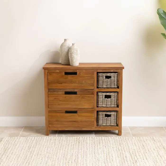 Reclaimed Teak 3 Drawer 3 Basket Storage Unit - 90cm - 1