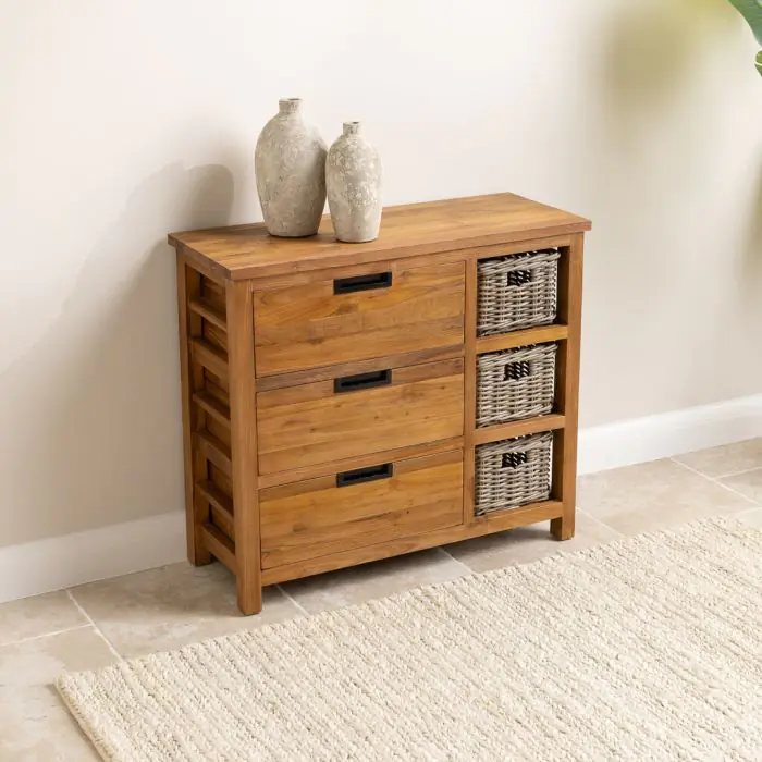 Reclaimed Teak 3 Drawer 3 Basket Storage Unit - 90cm - 3
