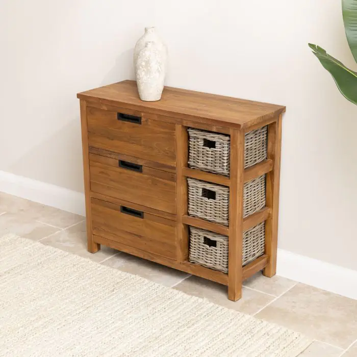 Reclaimed Teak 3 Drawer 3 Basket Storage Unit - 90cm - 2