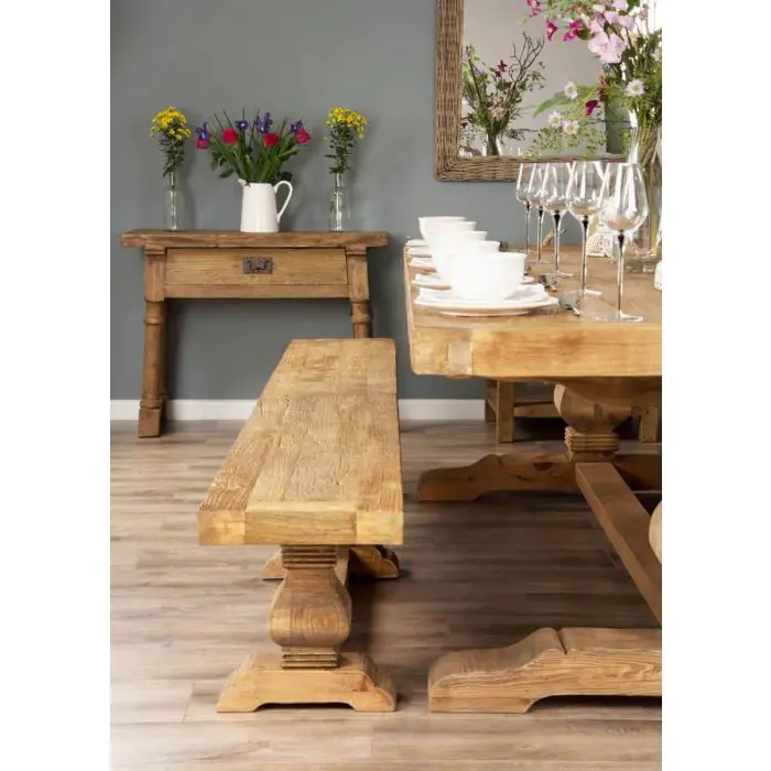 3m Reclaimed Elm Pedestal Dining Table with 5 Donna Armchairs and 1 Bench - 3