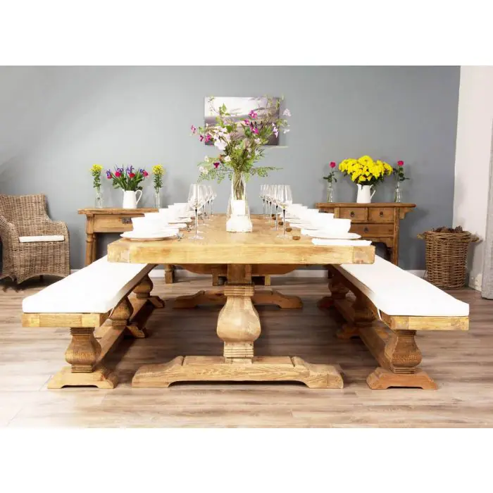 3m Reclaimed Elm Pedestal Dining Table with 2 Benches  - 15