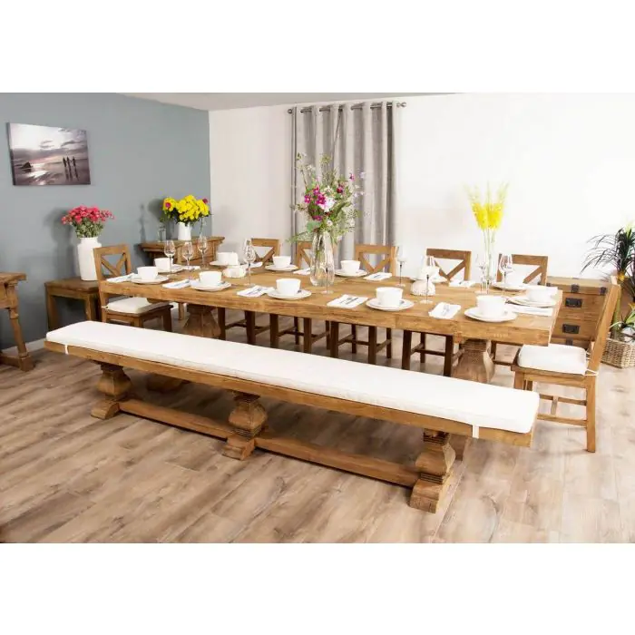 3m Reclaimed Elm Pedestal Dining Table with 7 Elm Cross Back Chairs and 1 Bench - 2