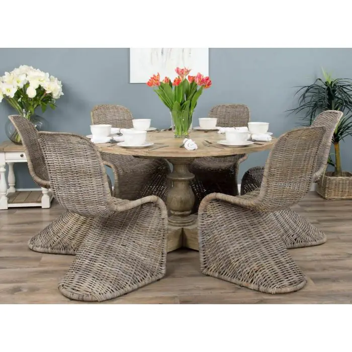 1.3m Farmhouse Pedestal Dining Table with 6 Stackable Zorro Chairs - 1