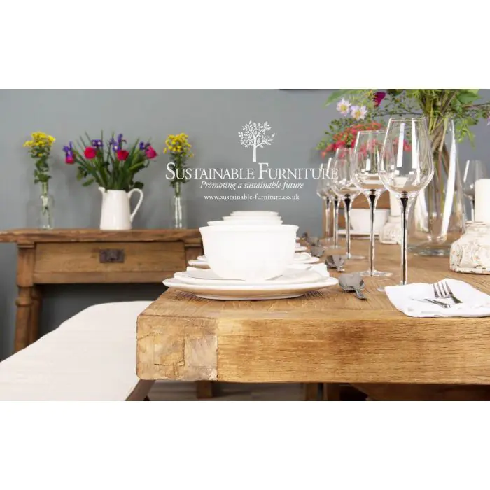 3m Reclaimed Elm Pedestal Dining Table with 7 Elm Cross Back Chairs and 1 Bench - 4