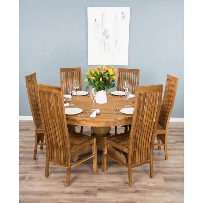 1.5m Reclaimed Teak Circular Pedestal Dining Table with 6 or 8 Vikka Chairs - 2