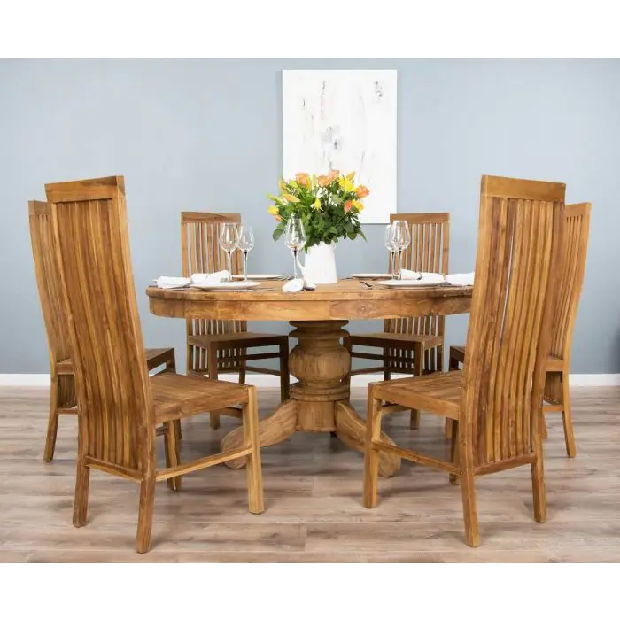 1.5m Reclaimed Teak Circular Pedestal Dining Table with 6 or 8 Vikka Chairs - 0