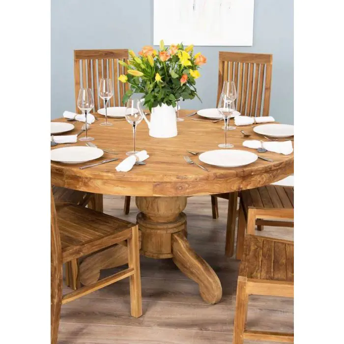 1.5m Reclaimed Teak Circular Pedestal Dining Table with 6 or 8 Vikka Chairs - 1