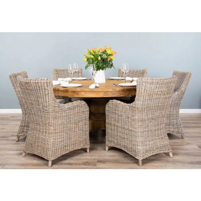 1.5m Reclaimed Teak Circular Pedestal Dining Table with 6 Donna Armchairs - 4