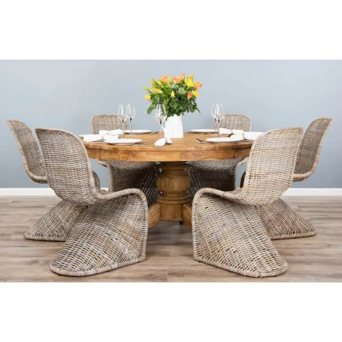 1.5m Reclaimed Teak Circular Pedestal Dining Table with 6 Zorro Chairs - 3