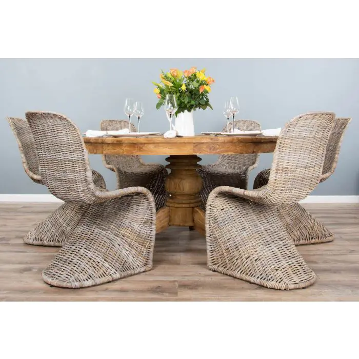 1.5m Reclaimed Teak Circular Pedestal Dining Table with 6 Zorro Chairs - 2