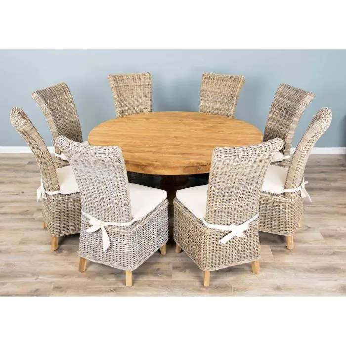 1.5m Reclaimed Teak Circular Pedestal Dining Table with 6 Latifa Chairs - 5