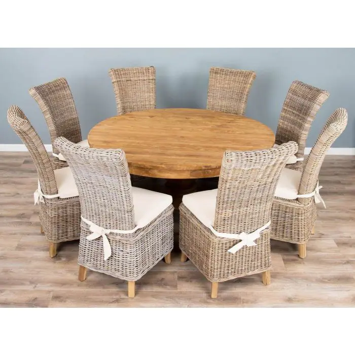1.5m Reclaimed Teak Circular Pedestal Dining Table with 6 Latifa Chairs - 4