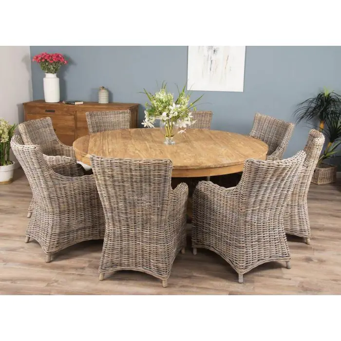 1.8m Reclaimed Teak Circular Pedestal Table with 8 Donna Armchairs - 4