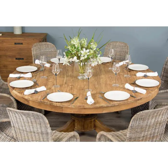 1.8m Reclaimed Teak Circular Pedestal Table with 8 Stackable Zorro Dining Chairs - 3