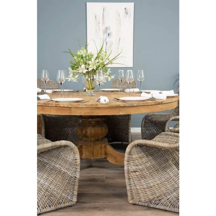 1.8m Reclaimed Teak Circular Pedestal Table with 8 Stackable Zorro Dining Chairs - 4