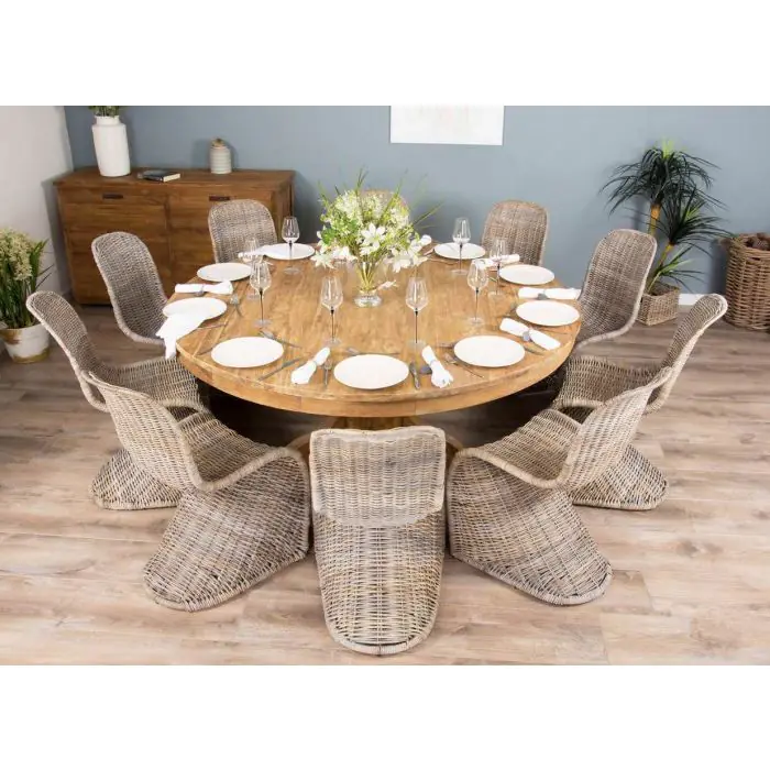 1.8m Reclaimed Teak Circular Pedestal Table with 8 Stackable Zorro Dining Chairs - 8