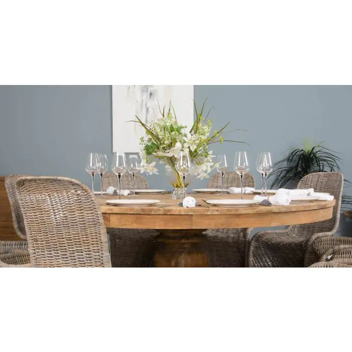 1.8m Reclaimed Teak Circular Pedestal Table with 8 Stackable Zorro Dining Chairs - 7