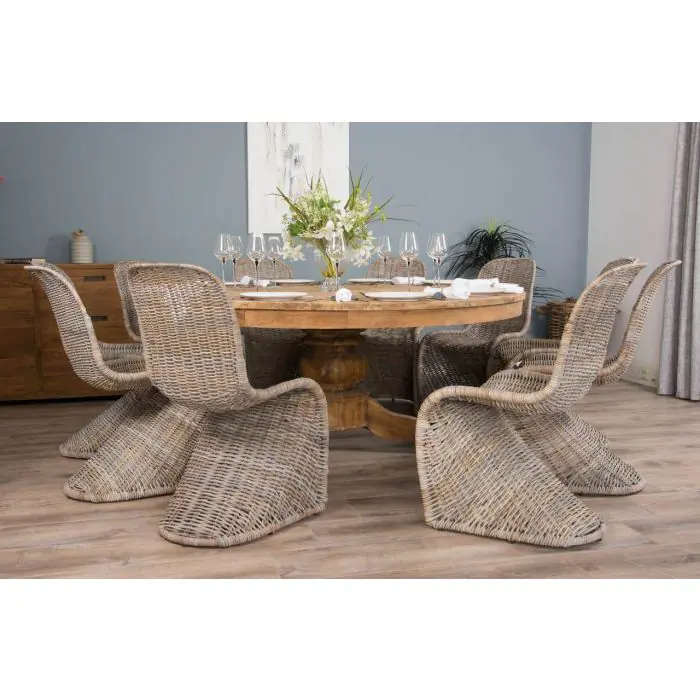 1.8m Reclaimed Teak Circular Pedestal Table with 8 Stackable Zorro Dining Chairs - 5