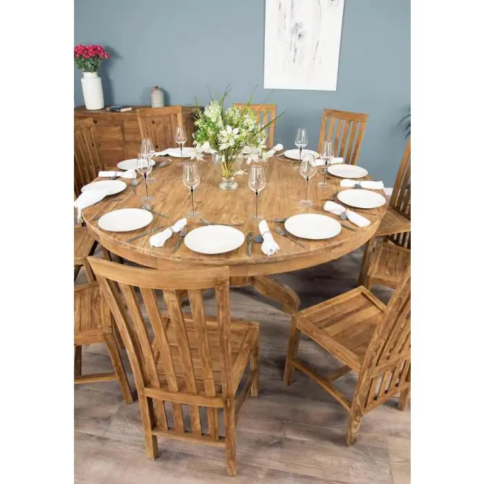 1.8m Reclaimed Teak Circular Pedestal Table with 8 Santos Dining Chairs  - 6