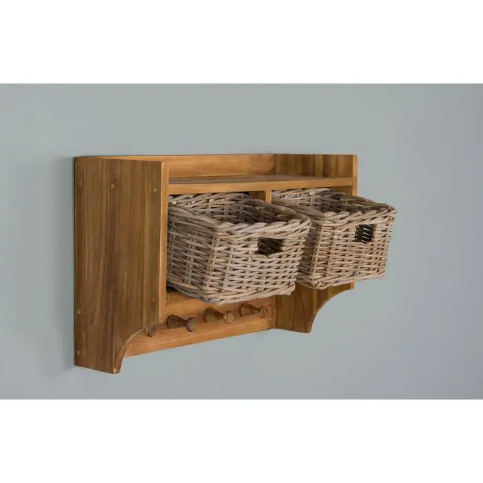 Reclaimed Teak Coat Hook Storage Unit - Two Basket - 3