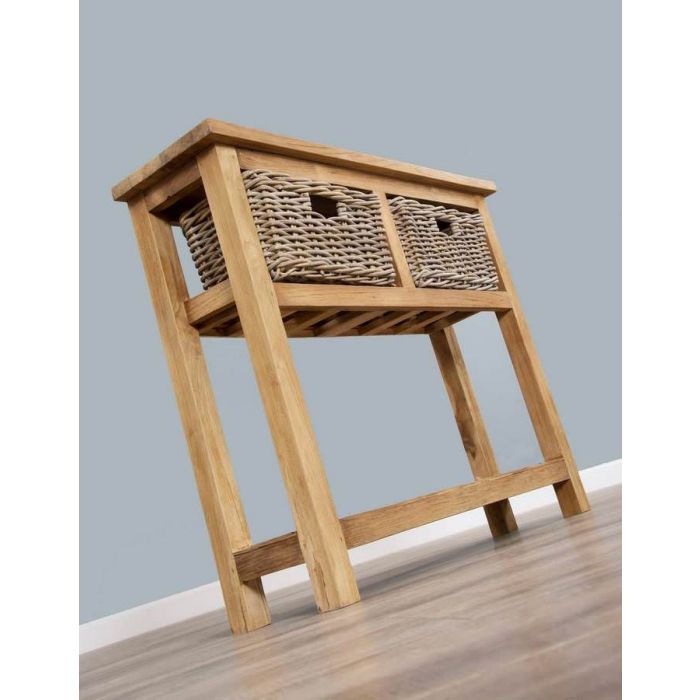 Reclaimed Teak 2 Drawer Hall Table with Shelf plus 2 Kubu Grey Natural