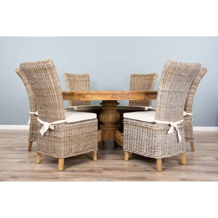 1.5m Reclaimed Teak Circular Pedestal Dining Table with 6 Latifa Chairs - 3
