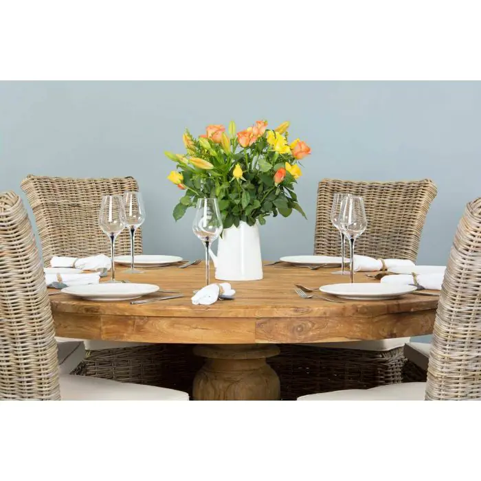 1.5m Reclaimed Teak Circular Pedestal Dining Table with 6 Latifa Chairs - 2