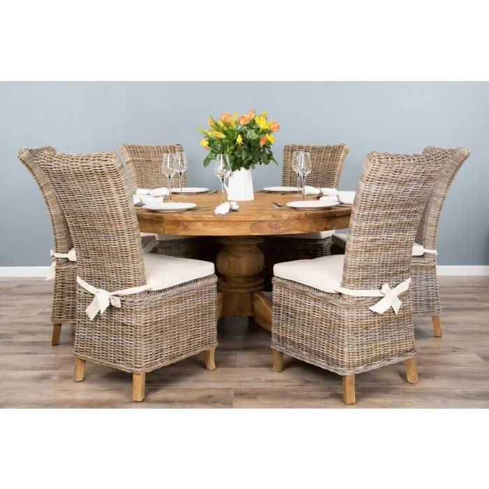 1.5m Reclaimed Teak Circular Pedestal Dining Table with 6 Latifa Chairs - 1