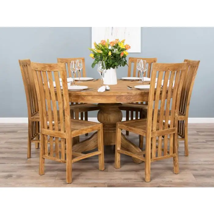1.5m Reclaimed Teak Circular Pedestal Dining Table with 6 Santos Chairs - 2
