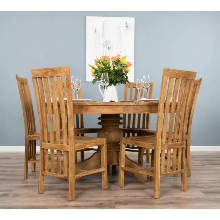 1.5m Reclaimed Teak Circular Pedestal Dining Table with 6 Santos Chairs - 0