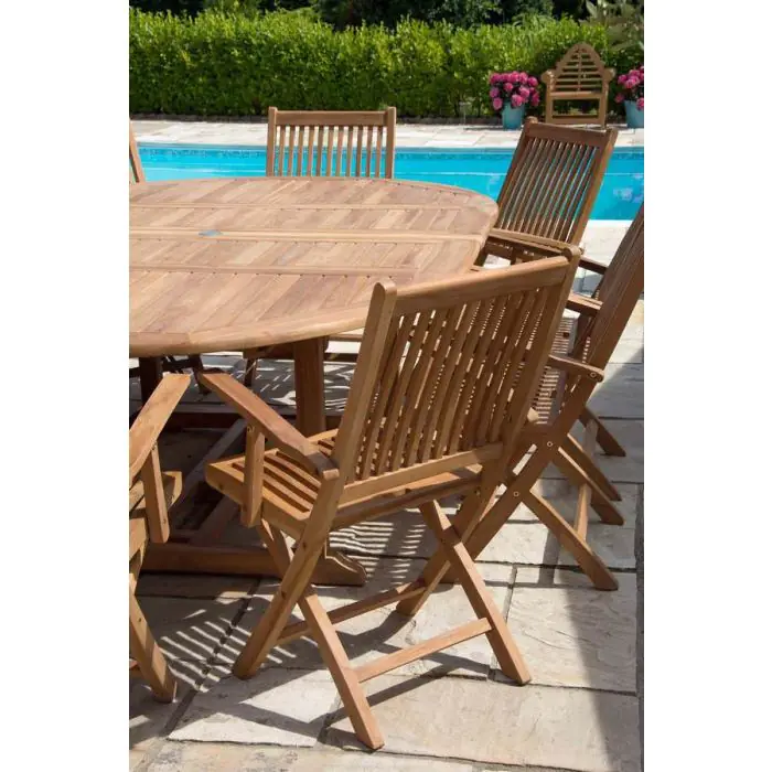 1.5m x 1.5m-2.3m Teak Circular Double Extending Table with 10 Kiffa Folding Chairs - 1