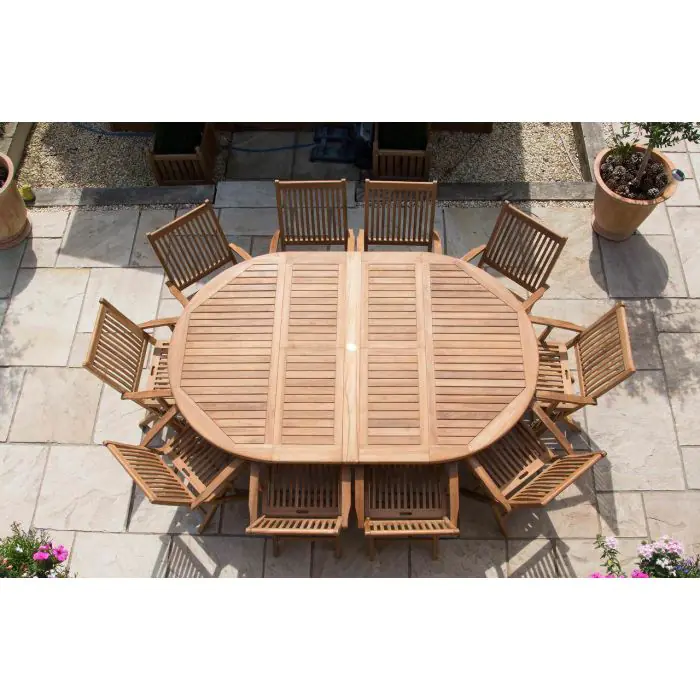 1.5m x 1.5m-2.3m Teak Circular Double Extending Table with 10 Kiffa Folding Chairs - 4