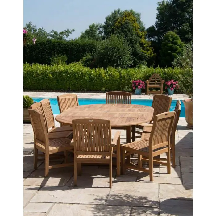 1.5m x 1.5m-2.3m Teak Circular Double Extending Table with 10 Marley Chairs - 2