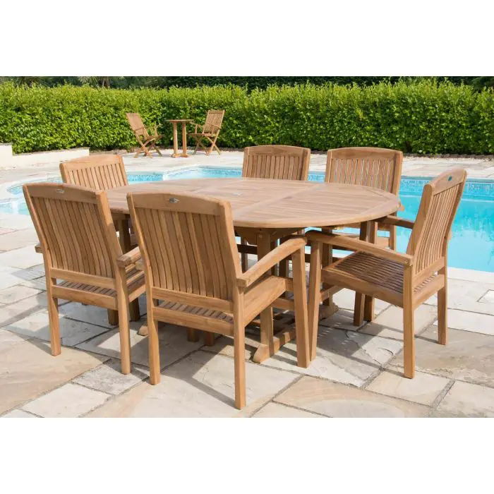 1.2m x 1.2m - 1.8m Teak Circular Extending Table with 6 Marley Chairs / Armchairs - 3