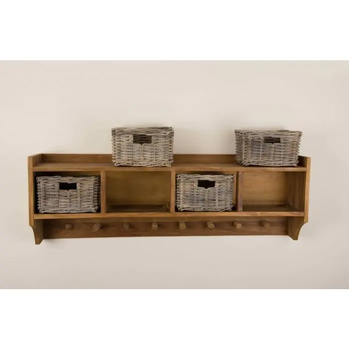 Reclaimed Teak Coat Hook Storage Unit - Four Basket - 9