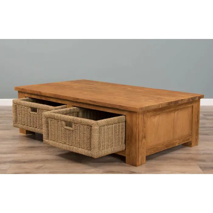 Reclaimed Teak Coffee Table with Seagrass Drawers - 5
