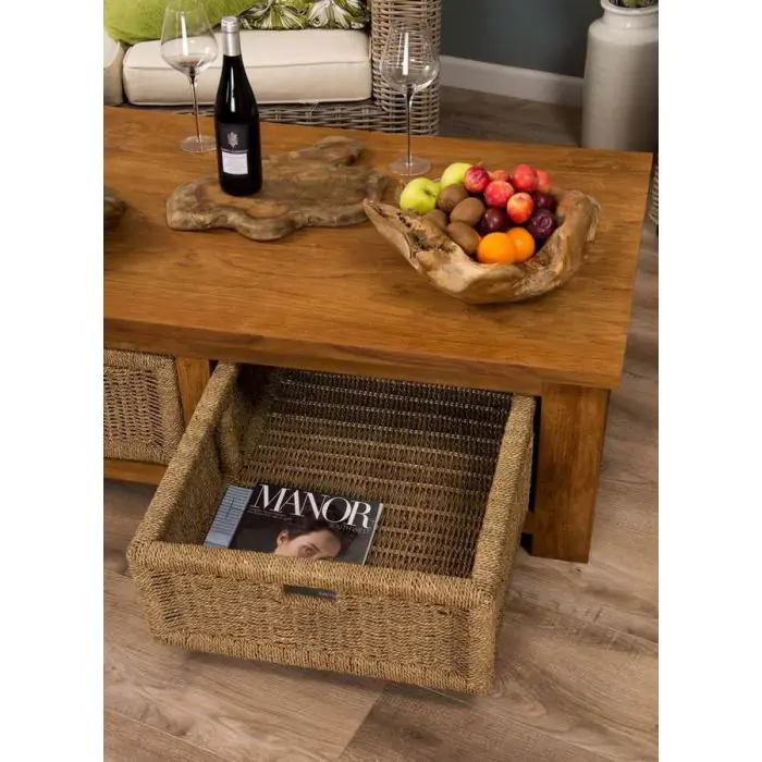 Reclaimed Teak Coffee Table with Seagrass Drawers - 1