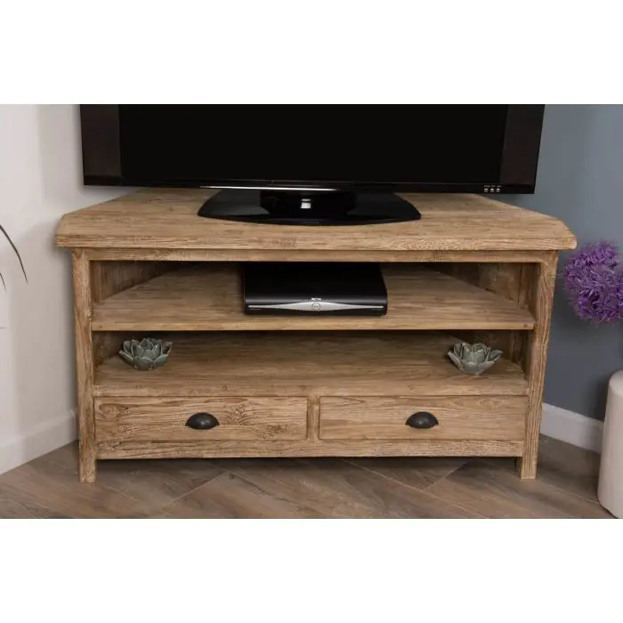 Reclaimed Teak Whitewash Corner TV Unit - 3