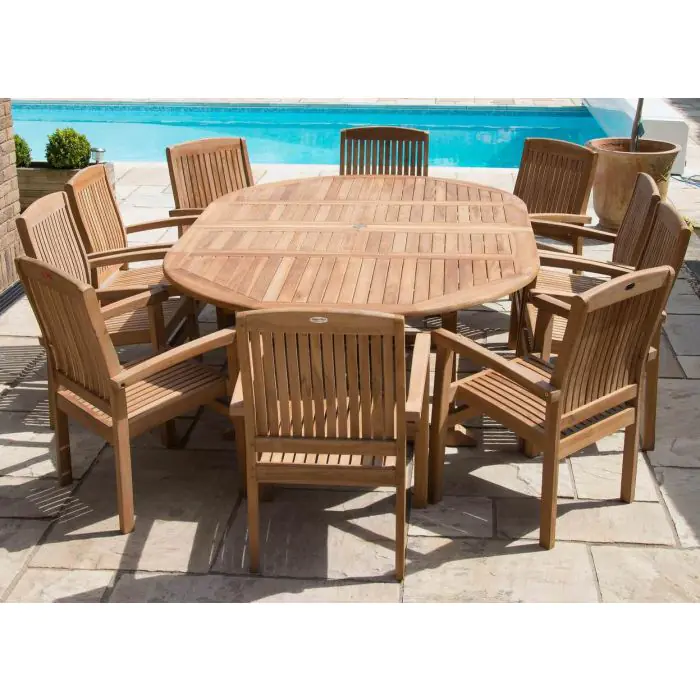 1.5m x 1.5m-2.3m Teak Circular Double Extending Table with 10 Marley Chairs - 8