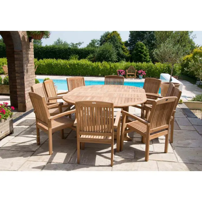 1.5m x 1.5m-2.3m Teak Circular Double Extending Table with 10 Marley Chairs - 11