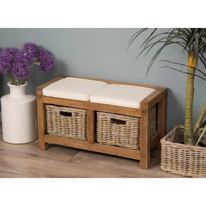 Reclaimed Teak Hall Seat with Natural Cushion - Two Basket - 1